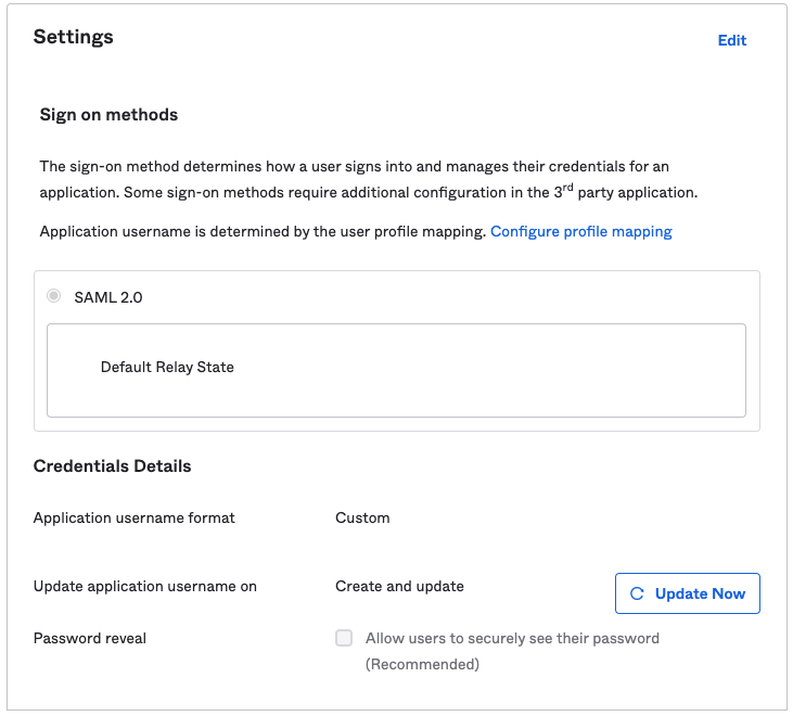 Okta SAML settings
