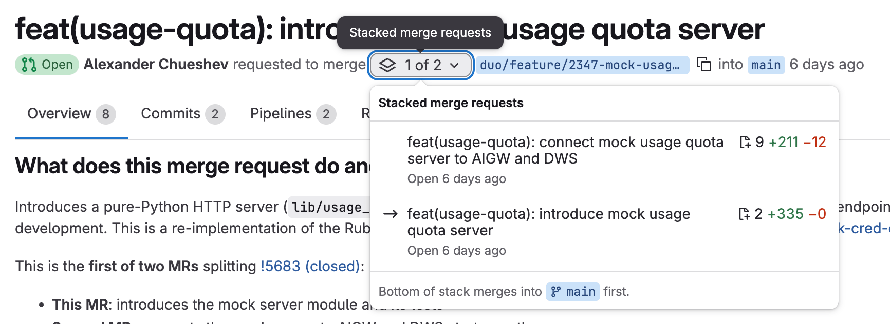 A dropdown list in the merge request header, expanded to show the merge requests in the stack.